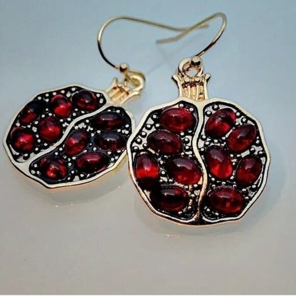 Unbranded Jewelry - Gold and Red Pomegranate Pendant Hook Earrings